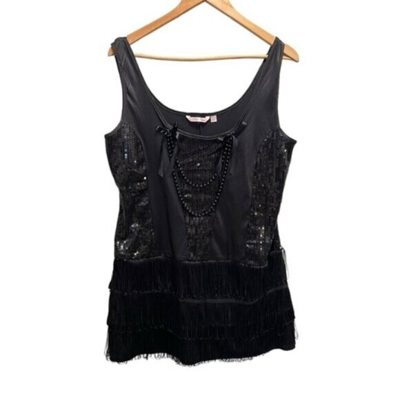 La Vie En Rose Black Sequin Fringe Scoop Neck Mini Slip Dress Large Whimsy Goth - Picture 1 of 12
